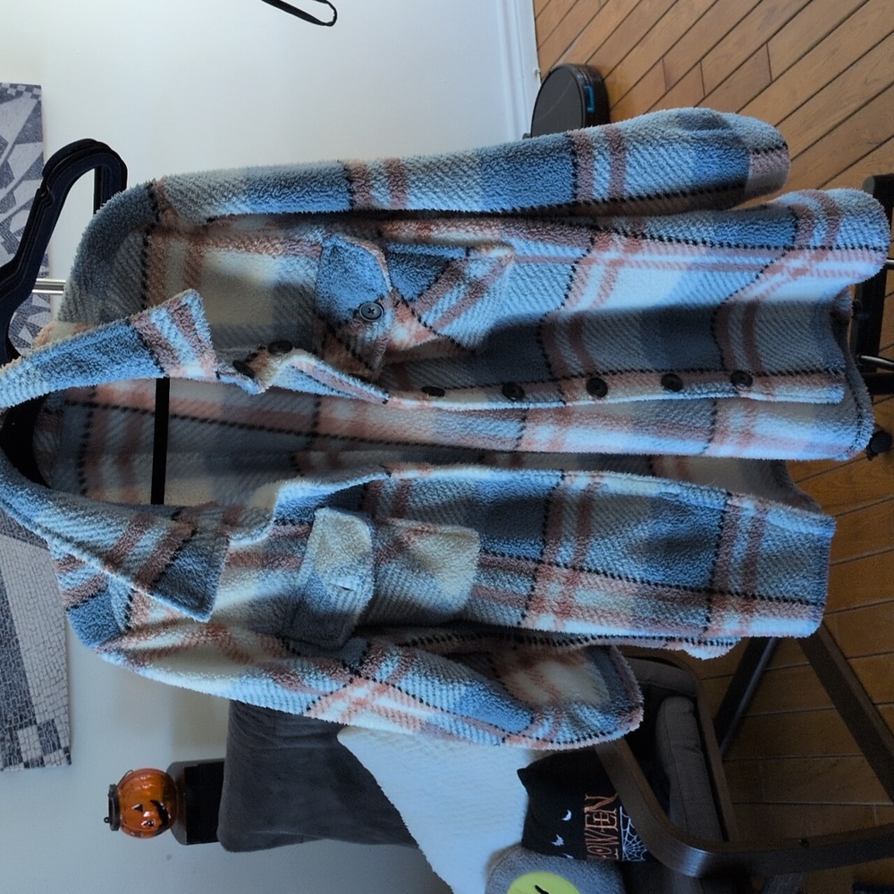 Plaid Sherpa Jacket in Blue and Pink